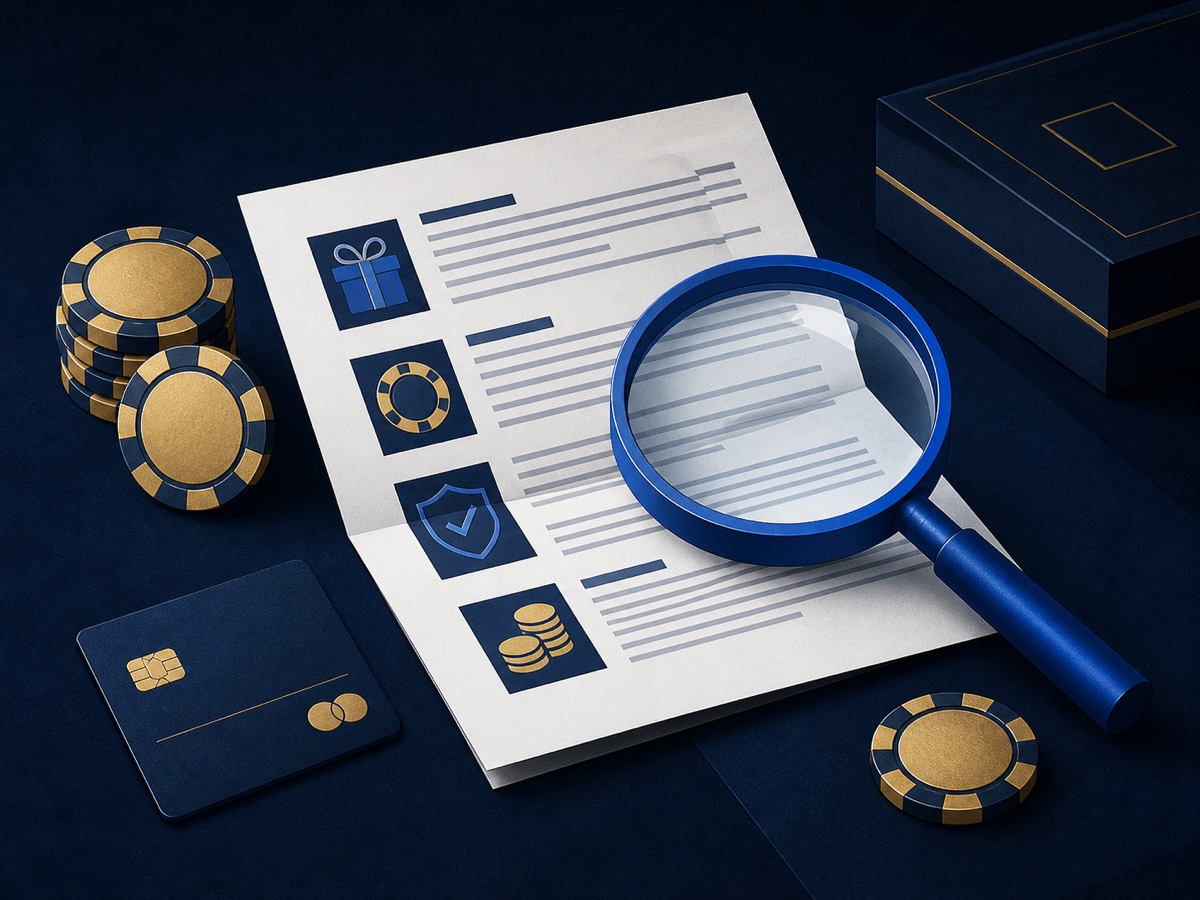 A magnifying glass over a casino offer document beside chips and a payment card